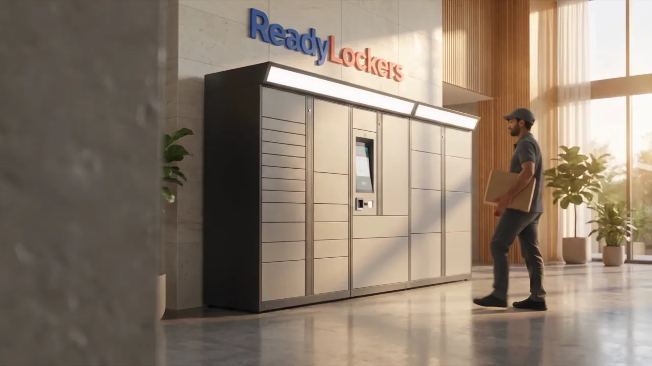 ReadyLockers smart locker wall in a bright building lobby