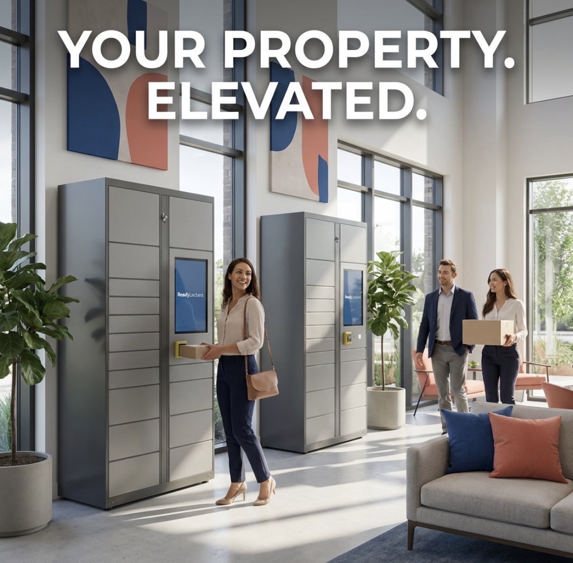 ReadyLockers smart locker system in a modern property lobby