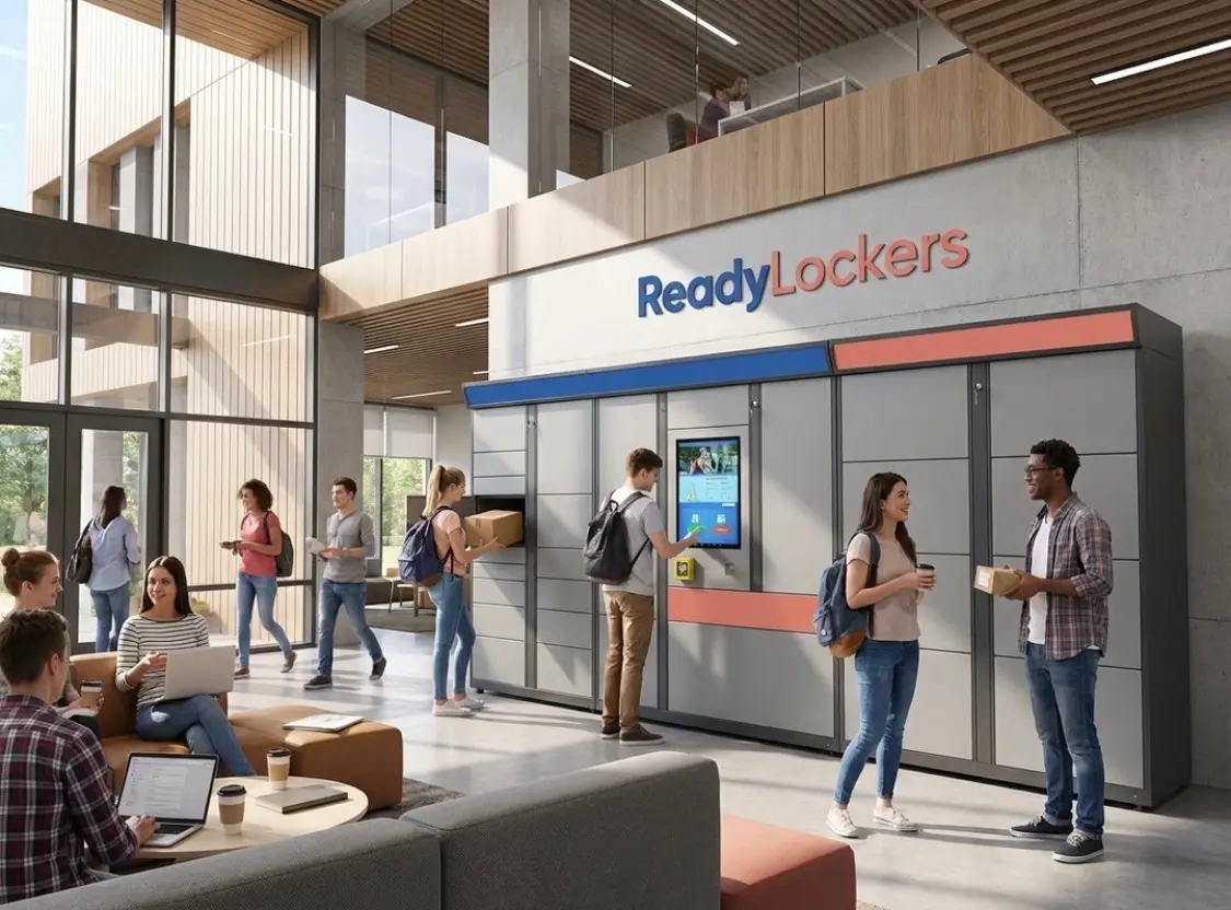 ReadyLockers smart locker system installed at an elevated property entrance