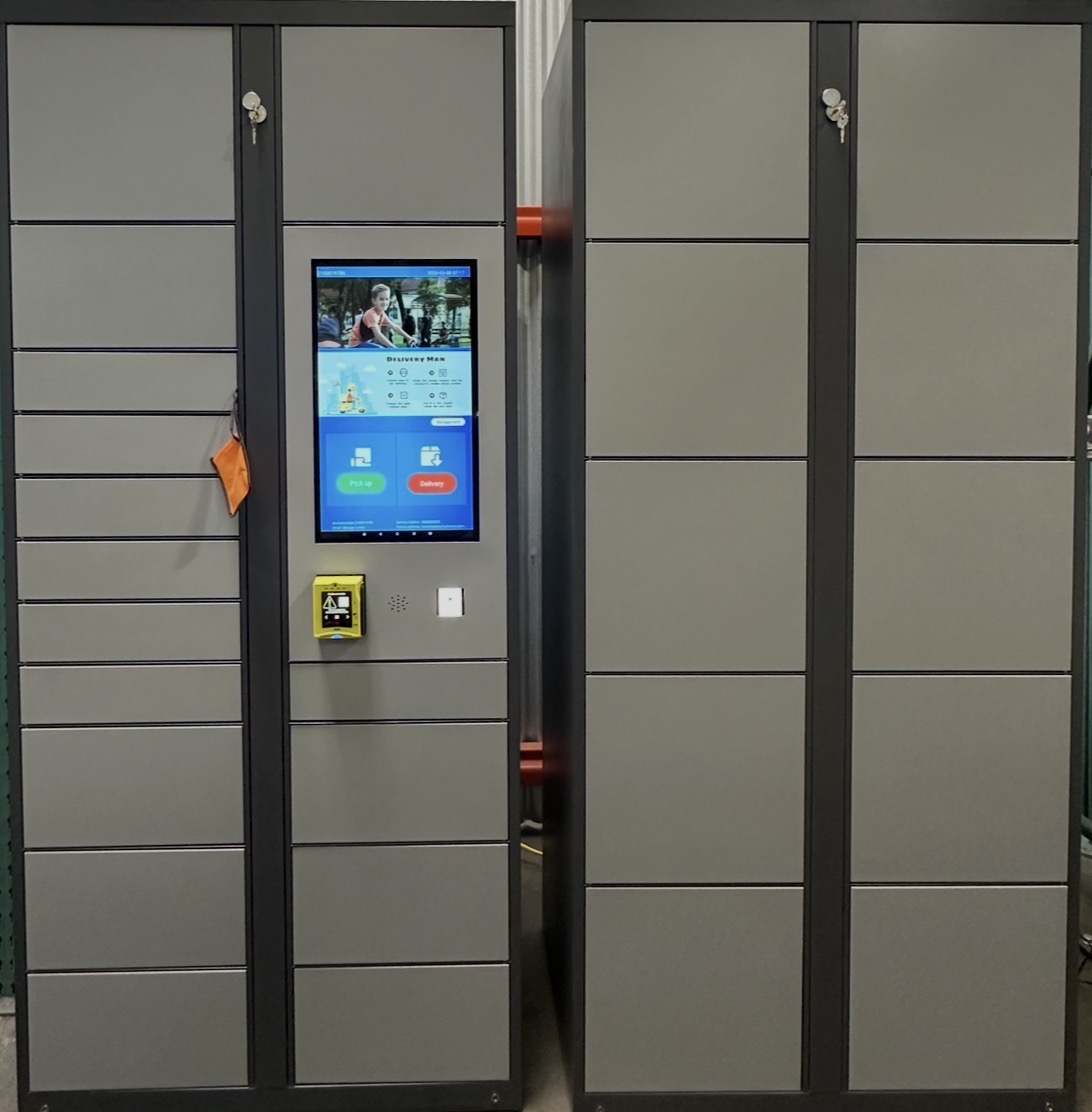 ReadyLockers smart package locker system with touchscreen kiosk